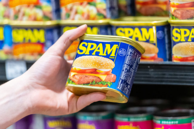 A can of spam in grocery store. 