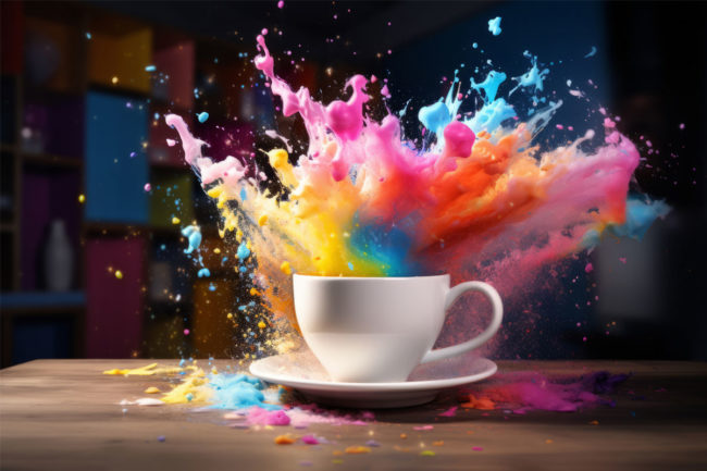 Rainbow of color bursting from coffee.