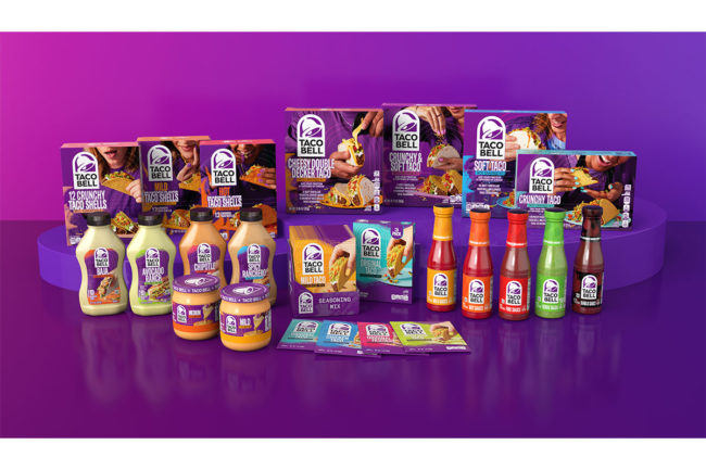 Assortment of retail products from Taco Bell. 