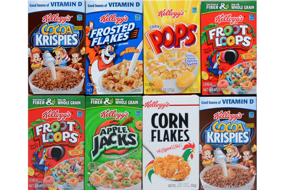 Assortment of WK Kellogg cereals. 