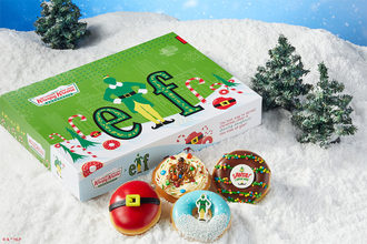 Elf themed Krispy Kreme donuts. 
