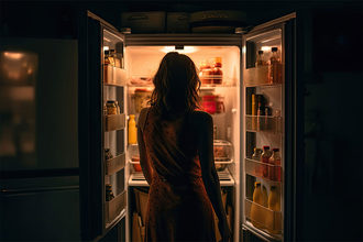 Woman standing at the fridge deciding what to eat. 