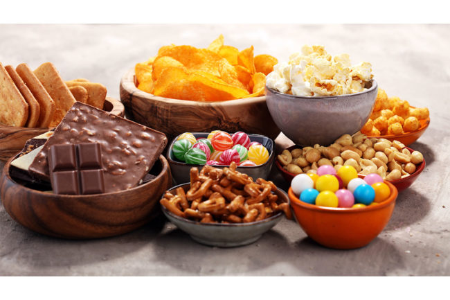 Assortment of unhealthy snacks. 