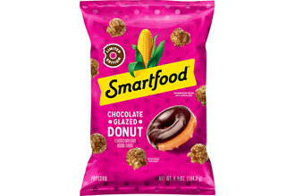 Pink bag of Smartfood Chocolate Glazed Donut Popcorn.