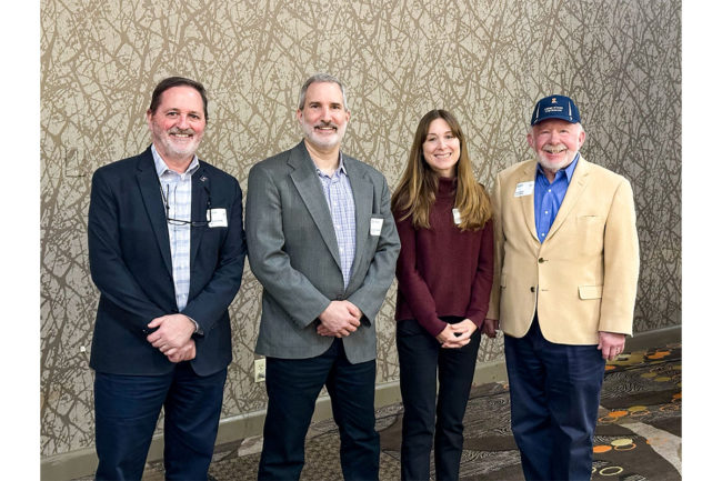 At the 2024 Double Crop Farmers’ Forum, from left, University of Illinois College of ACES Dean Germán Bollero; Adam Davis, head of the Department of Crop Sciences; Professor Jessica Rutkoski; and Richard C. Siemer, president of Siemer Milling Co.