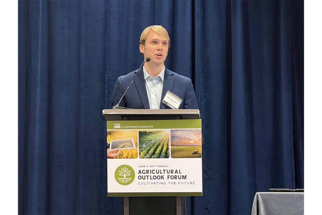 Agricultural economist Jake Vuillemin with the USDA Economic and Policy Analysis Division issues the Department’s 2024 outlook for corn, soybeans and rice Feb. 16 in Washington.