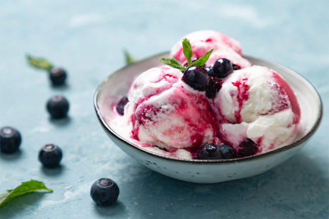 Bowl of frozen yogurt with mint and blueberries. 