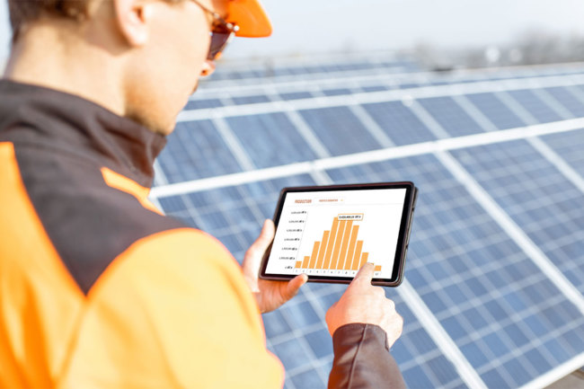 Sustainability worker examines solar panel. 