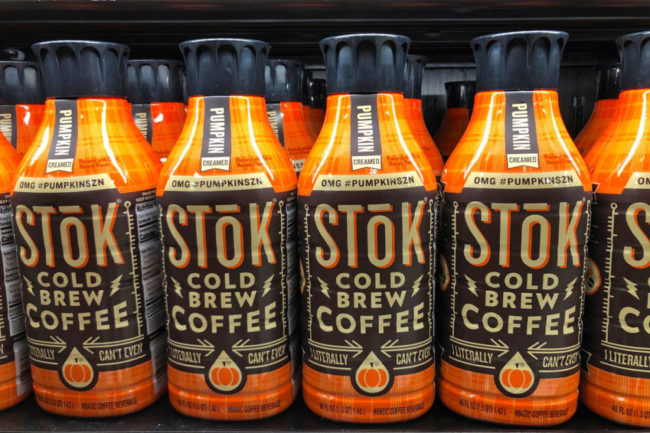Stok cold brew coffee on grocery store shelf. 