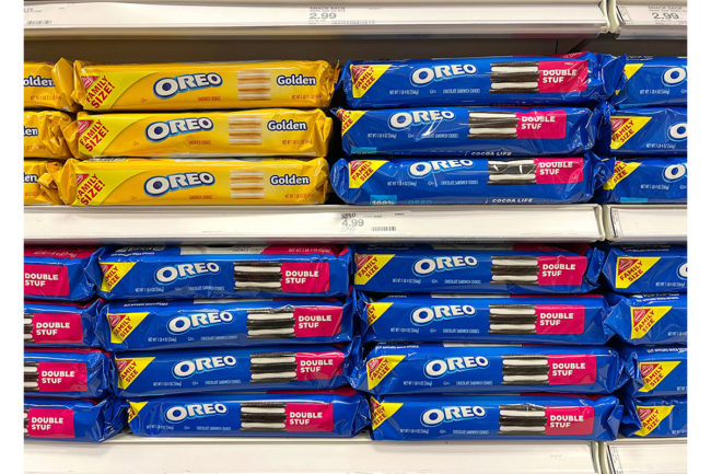 Oreos on grocery store shelf. 