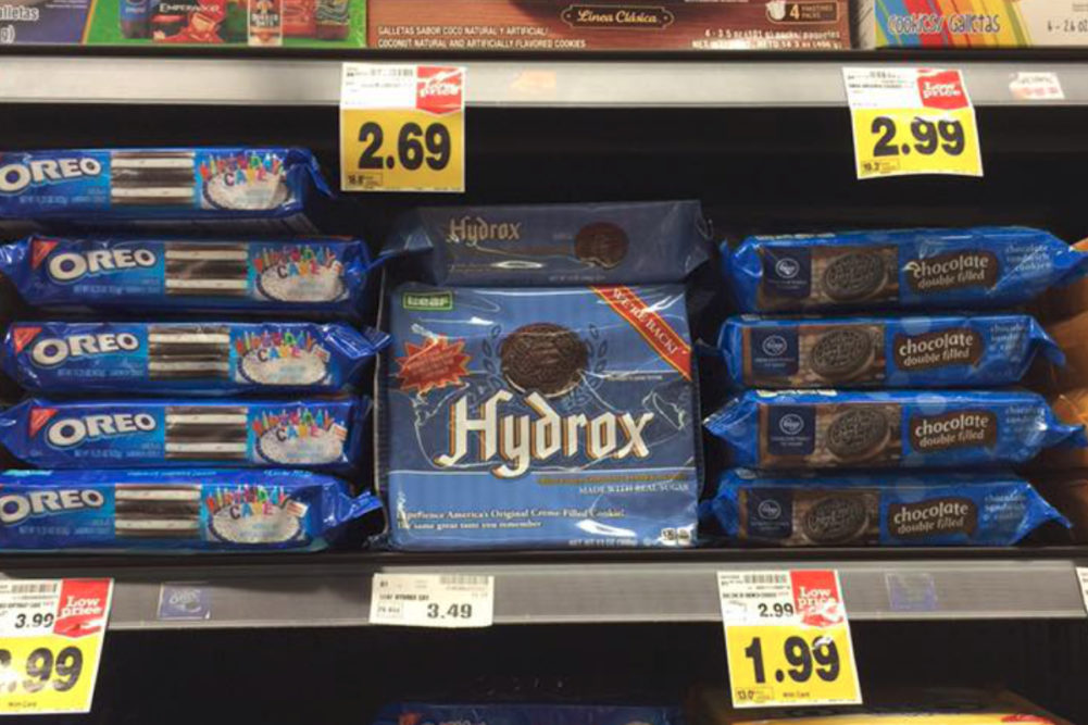 Hydrox and Oreo cookies on shelves